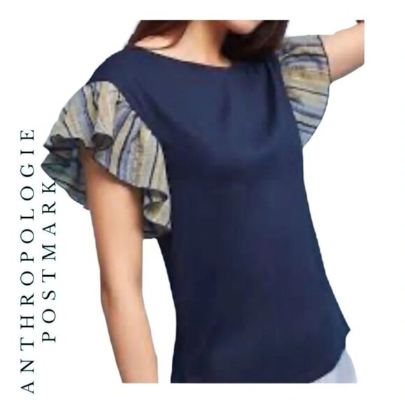 Anthropologie Postmark Seafarer Ruffle Sleeve Navy Blue Top Size Small - Picture 1 of 8